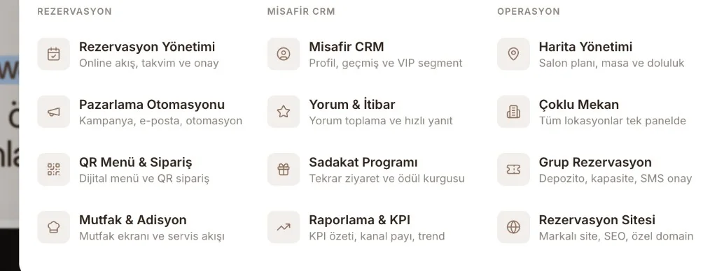 Restoran ve mekanlarda online rezervasyon deneyimi — misafirler web ve mobil üzerinden masa ayırtır